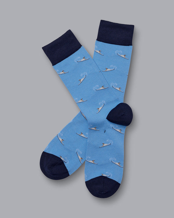 Cornflower Blue Dog On Surfboard Motif Socks