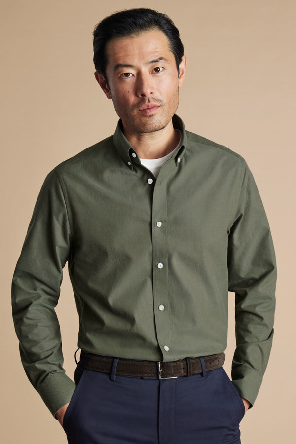 Olive green brushed cotton twill slim fit shirt