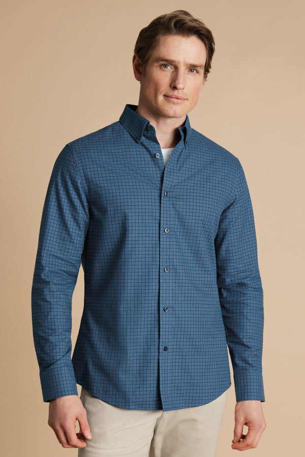 Petrol blue check brushed cotton twill slim fit shirt