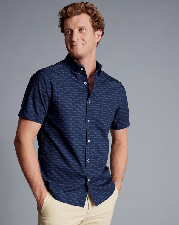 Navy Blue Fish Print Slim Fit Ss Non-Iron Stretch Poplin Shirt