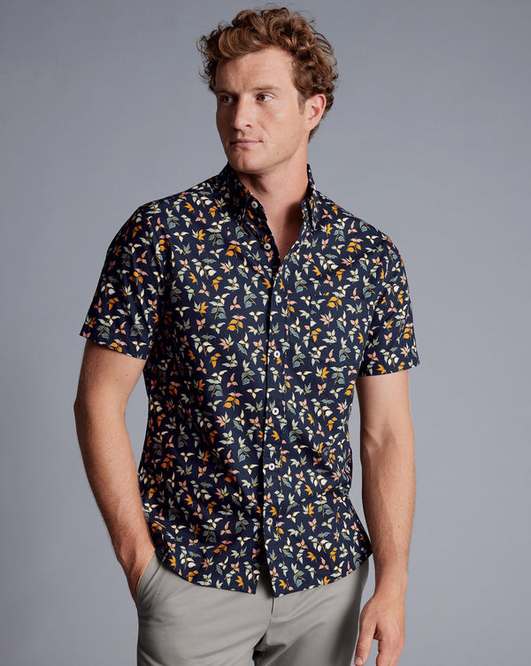 Navy Blue Multi Leaf Print Sf Ss Non-Iron Stretch Poplin Shirt