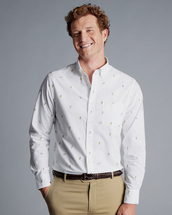 Lemon Yellow Bird Print Slim Fit Non-Iron Stretch Poplin Shirt