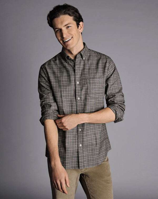 Grey Triple Windowpane Slim Fit Non-Iron Twill Shirt