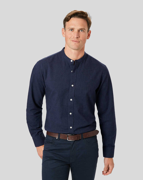 Navy Blue Plain Slim Fit Cotton Linen Collarless Shirt