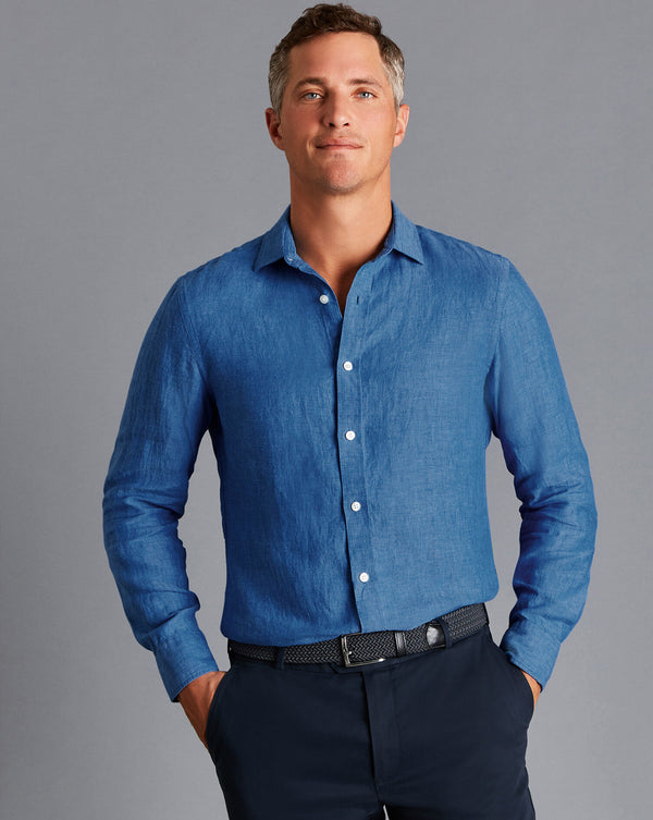 Ocean Blue Plain Slim Fit Pure Linen Shirt