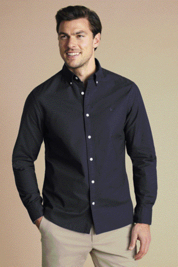 Navy Blue Button-Down Stretch Washed Oxford Slim Fit Shirt