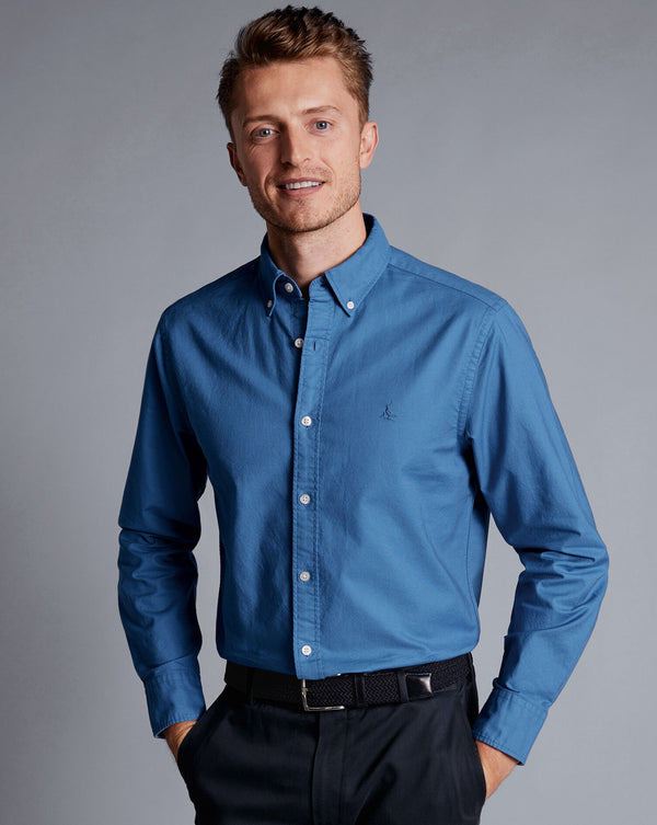 Ocean Blue Plain Slim Fit Button-Down Washed Oxford Shirt