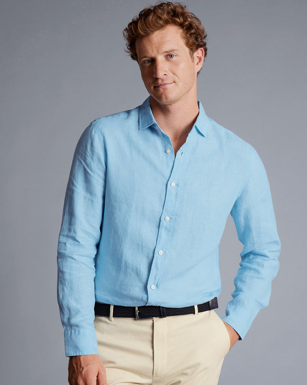 Light Blue Plain Slim Fit Pure Linen Shirt