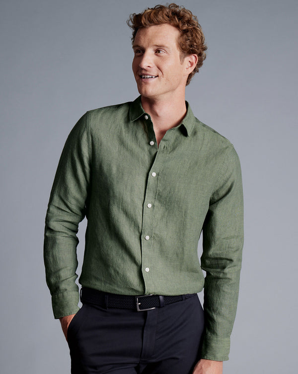 Olive Green Plain Slim Fit Pure Linen Shirt