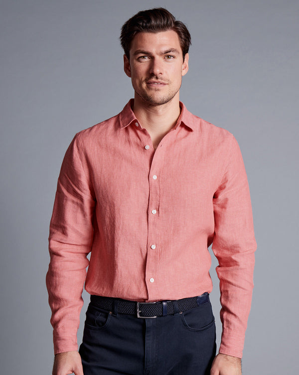Salmon Pink Plain Slim Fit Pure Linen Shirt