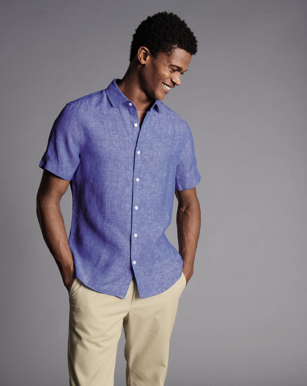 Cobalt Blue Plain Slim Fit Short Sleeve Pure Linen Shirt