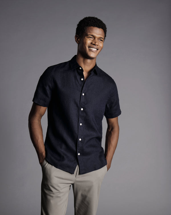 Navy Blue Plain Slim Fit Short Sleeve Pure Linen Shirt