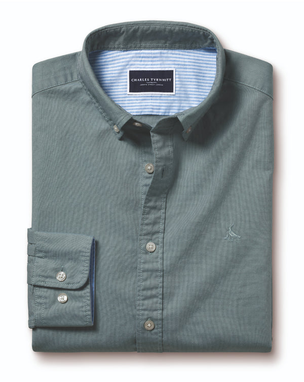 Atlantic Green Plain Extra Slim Fit Button-Down Washed Oxford Shirt