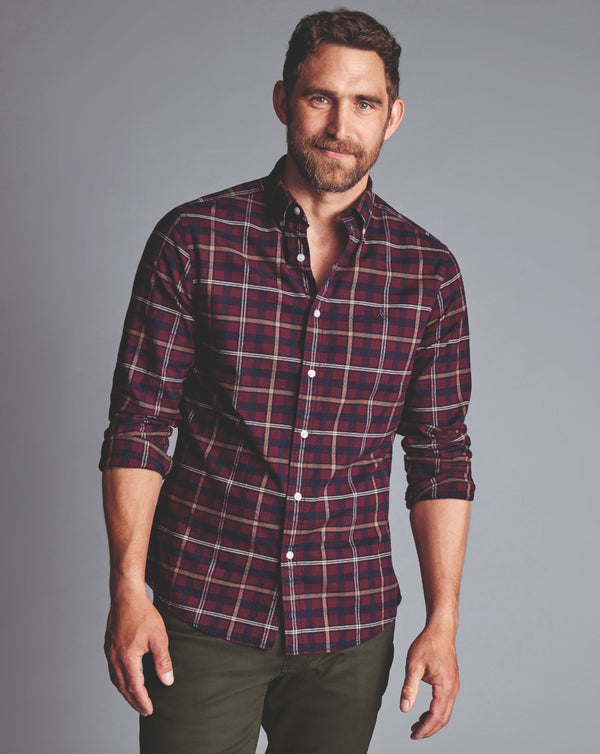 Dark Red Check Slim Fit Button-Down Brushed Washed Oxford Shirt