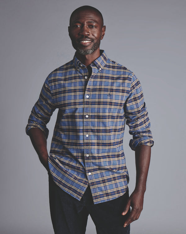 Indigo Blue Overcheck Sf Button-Down Brushed Washed Oxford Shirt