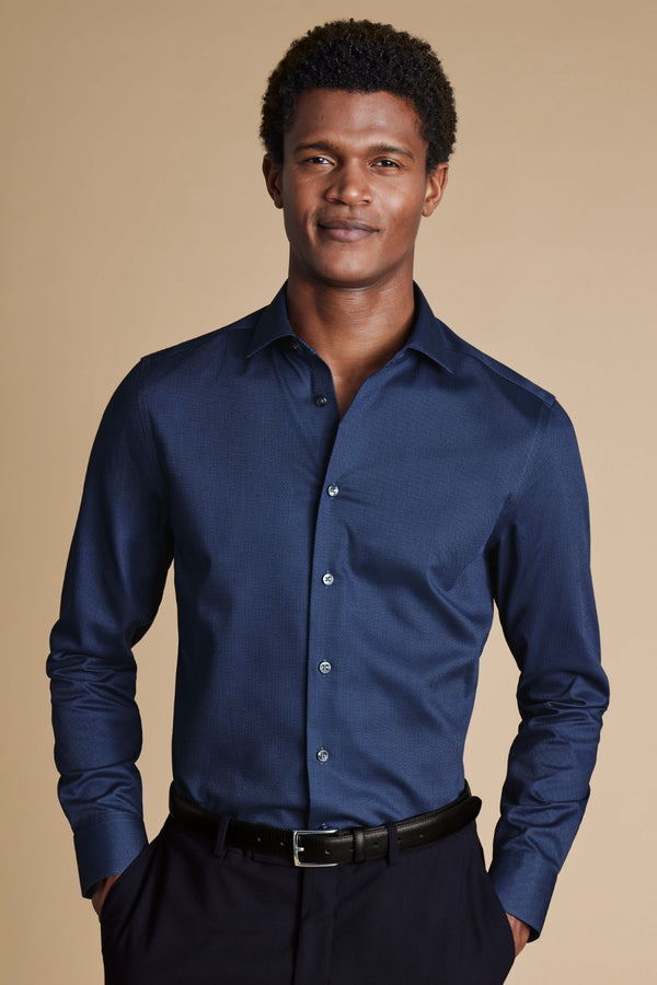 Denim Blue Non-Iron Stretch Texture Slim Fit Shirt