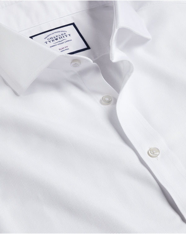 White Slim Fit Cutaway Non-Iron Herringbone Shirt