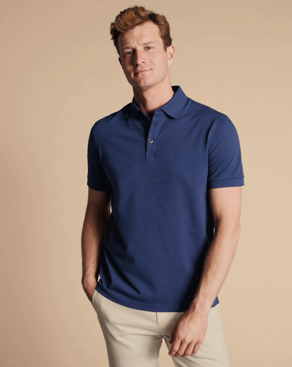 Royal Blue Solid Short Sleeve Cotton Tyrwhitt Pique Polo