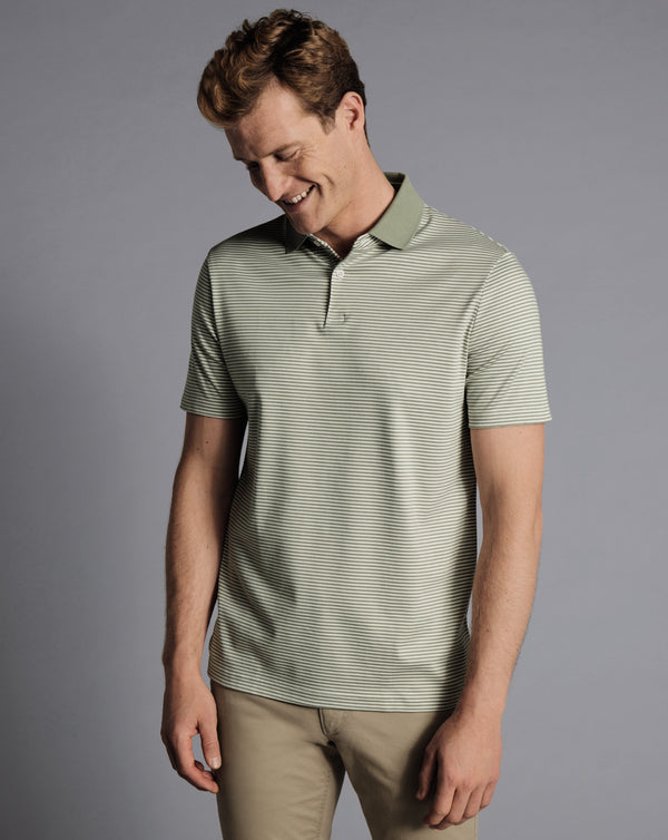 Sage And Ecru Fine Stripe Short Sleeve Jersey Polo