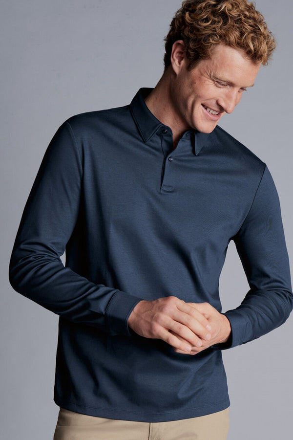 Petrol Blue Plain Long Sleeve Jersey Polo