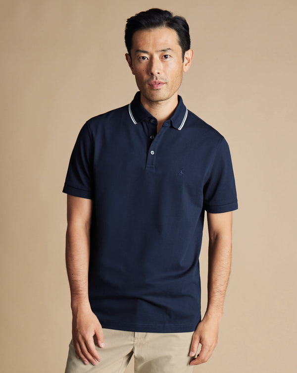 Navy Blue Contrast Tipping Short Sleeve Cotton Tyrwhitt Pique Polo