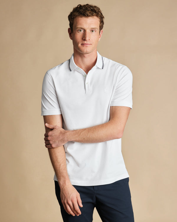 White Contrast Tipping Short Sleeve Cotton Tyrwhitt Pique Polo