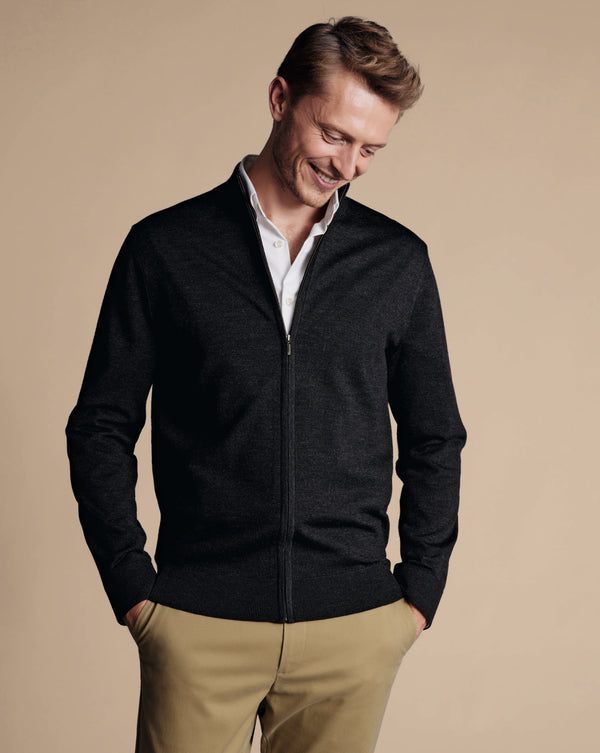 Charcoal Grey Pure Merino Full Zip Through Cardigan