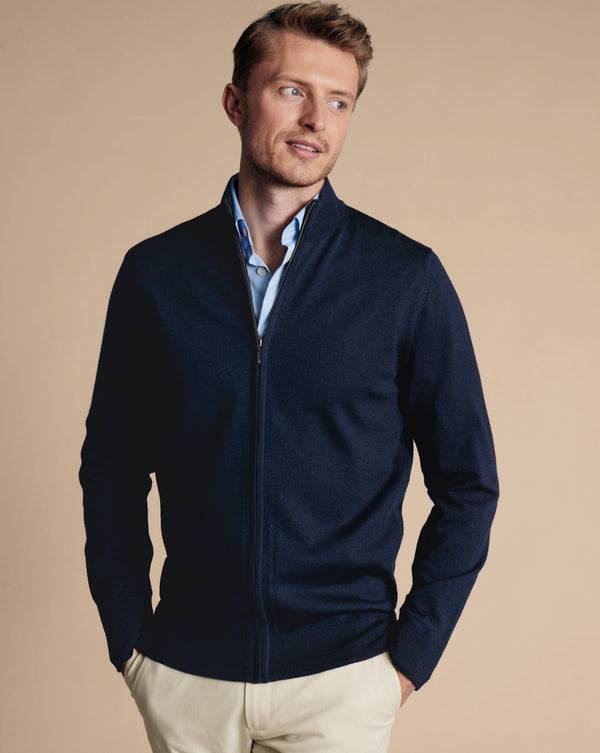 Navy Pure Merino Full Zip Through Cardigan