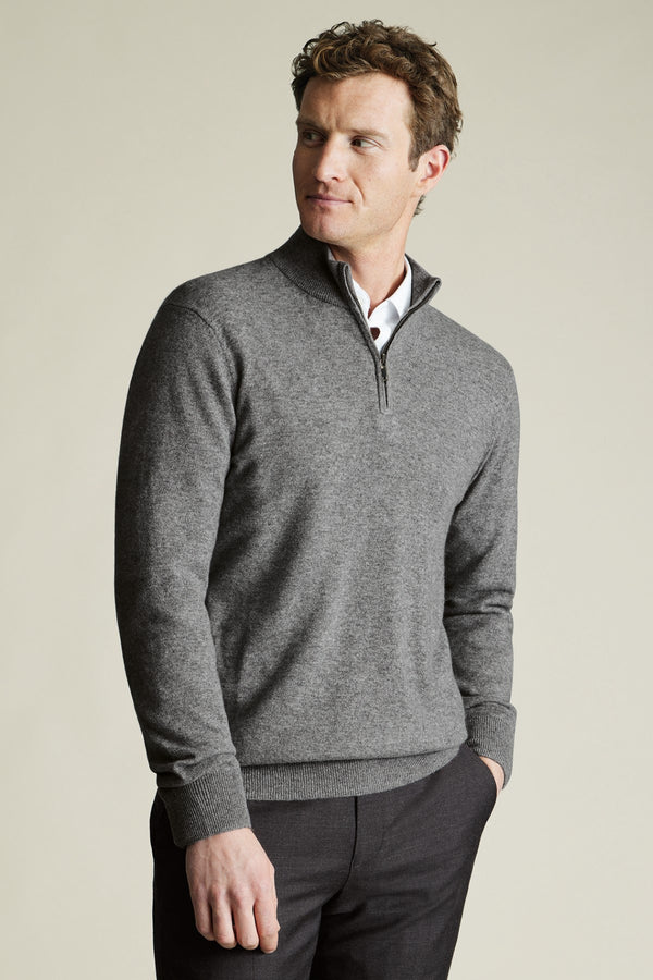 Grey Pure Cashmere Zip Neck Jumper