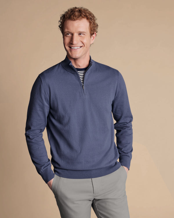 Heather Blue Combed Cotton Zip Neck Jumper