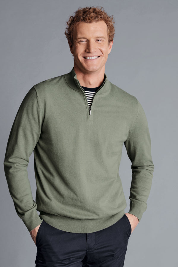 Sage Green  Combed Cotton Zip Neck Jumper