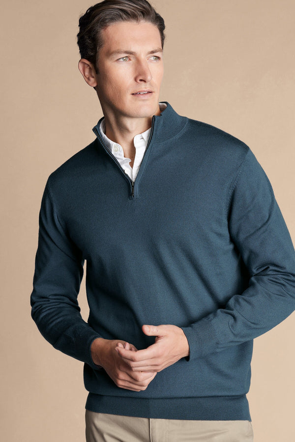 Petrol Blue Merino Zip Neck Jumper