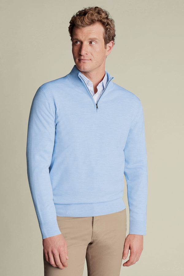 Sky Blue Merino Zip Neck Jumper