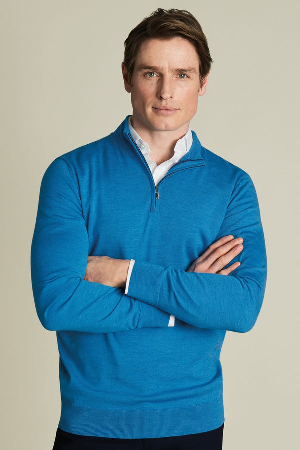 Bright Blue Merino Zip Neck Jumper