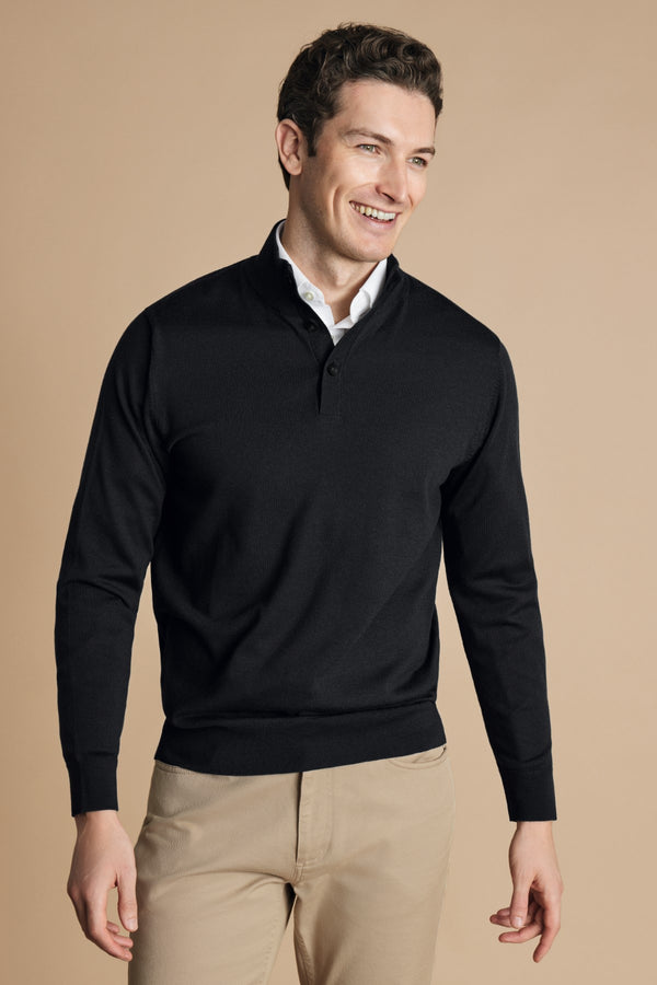 Charcoal Grey Pure Merino Button Neck Jumper