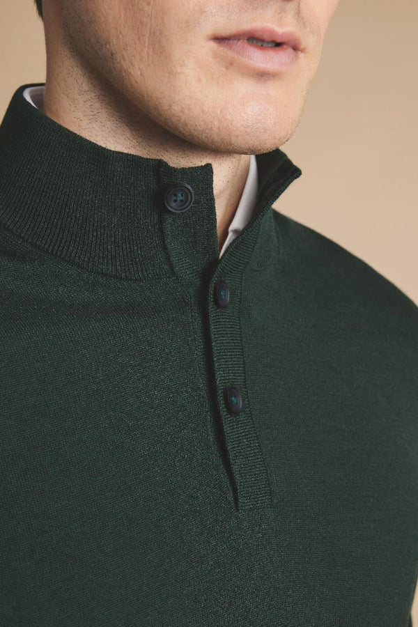 Forest Green Pure Merino Button Neck Jumper