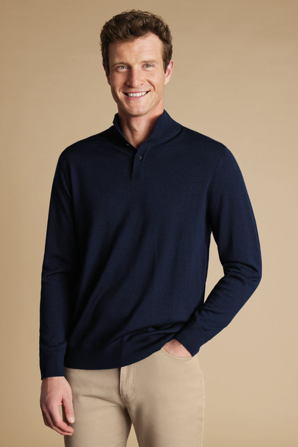 Navy Blue Pure Merino Button Neck Jumper