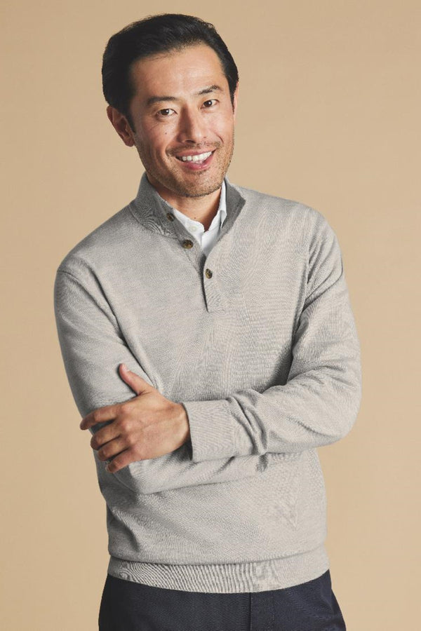 Silver Grey Pure Merino Button Neck Jumper