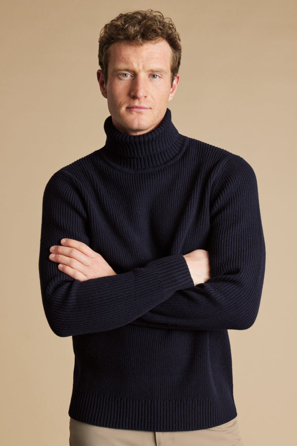 Navy Blue Chunky Merino Roll Neck