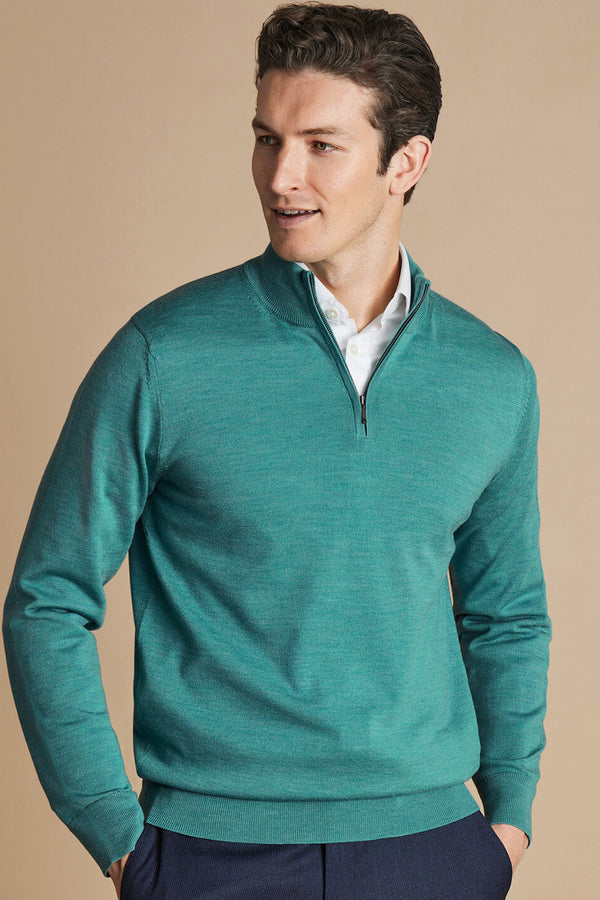 Aqua Green Merino Zip Neck Jumper