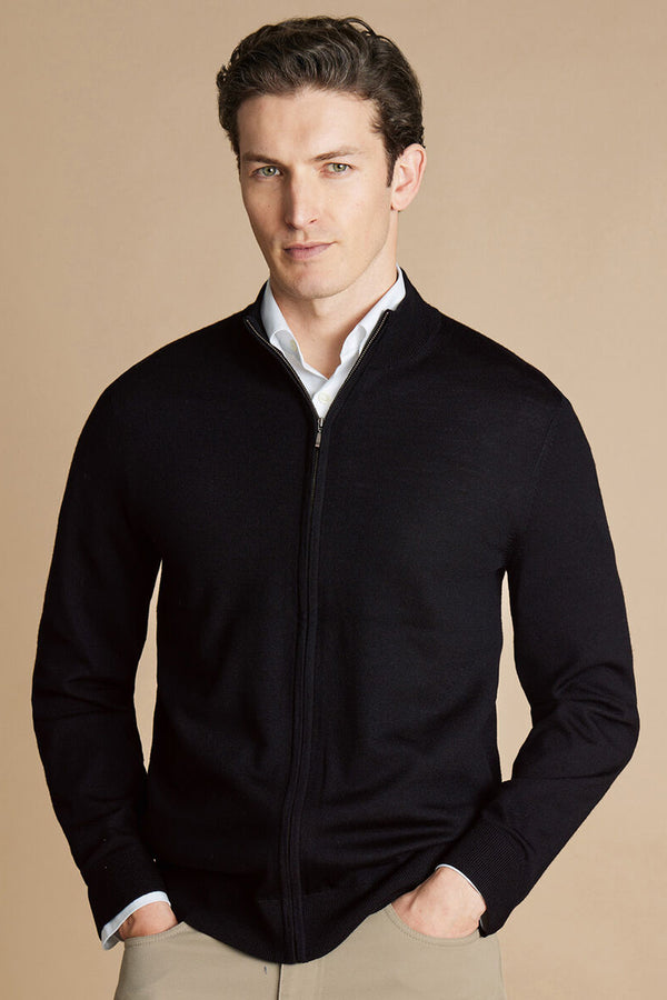 Black Pure Merino Full Zip Through Cardigan