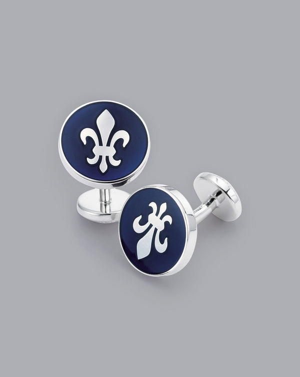 Navy Enamel Fleur-De-Lys Round Cufflink