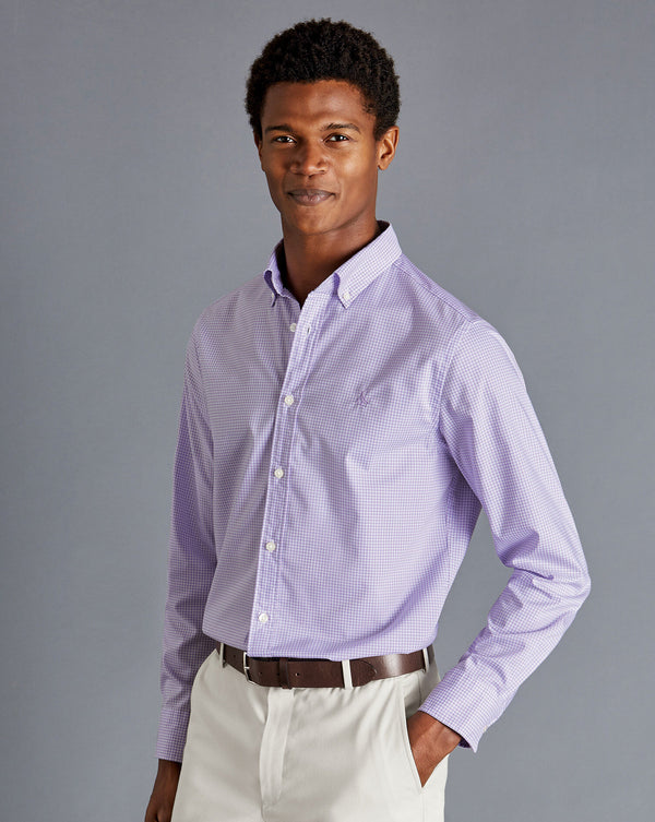 Lilac Purple Mini Gingham Slim Fit Non-Iron Stretch Poplin Shirt