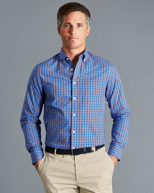 Cornflower Blue Check Slim Fit Non-Iron Stretch Poplin Shirt