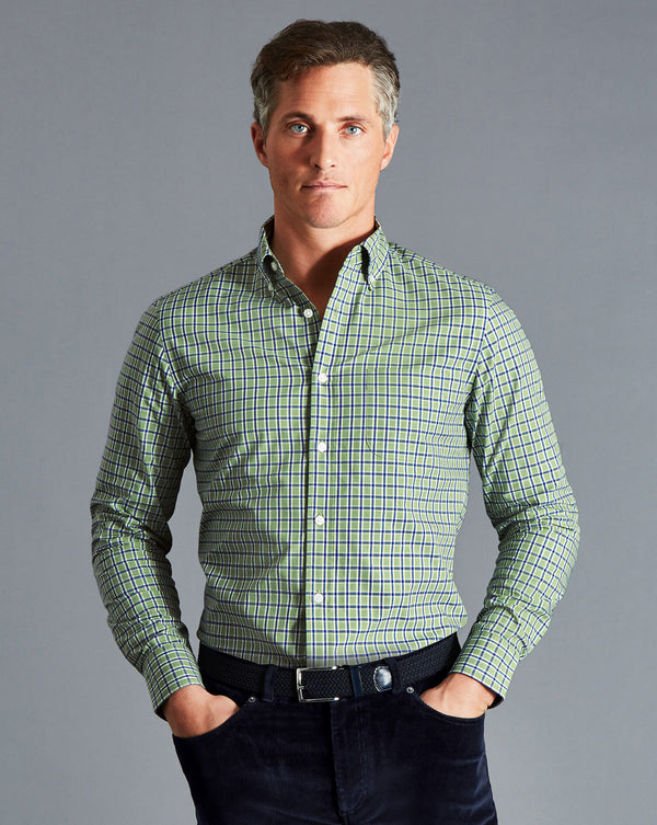 Olive Green Check Slim Fit Non-Iron Stretch Poplin Shirt