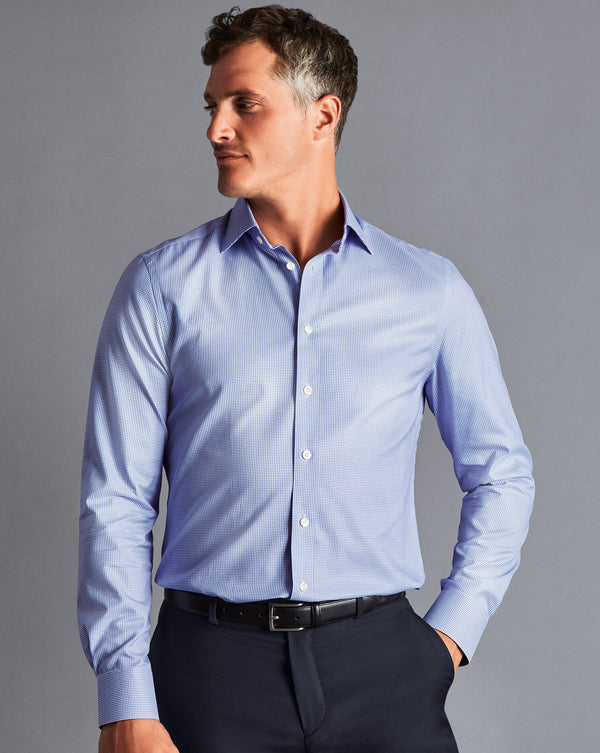 Ocean Blue Egyptian Cotton Twill Small Grid Check Slim Fit Shirt