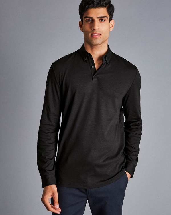 Black Plain Long Sleeve Jersey Polo