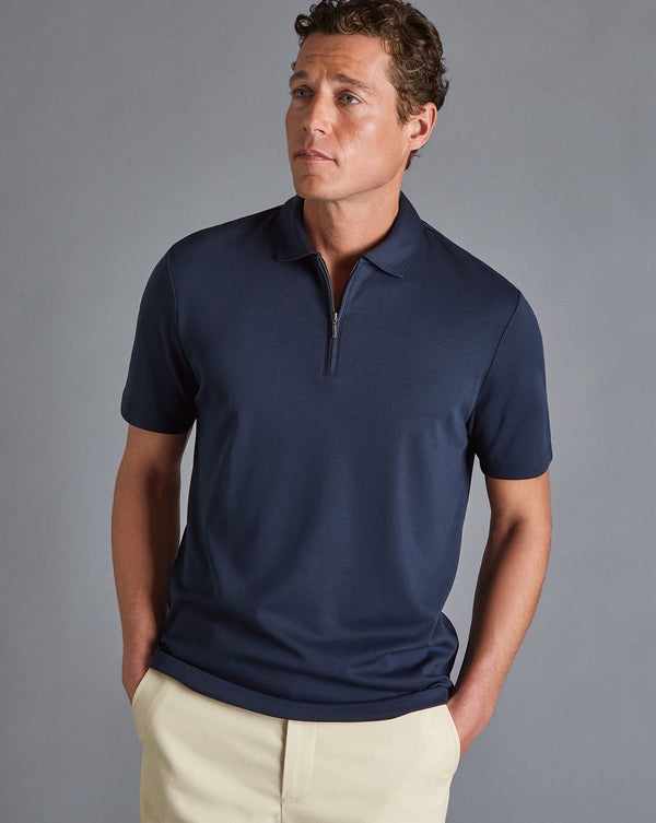 Navy Blue Plain Short Sleeve Zip Jersey Polo