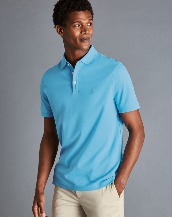 Turquoise Solid Short Sleeve Cotton Tyrwhitt Pique Polo