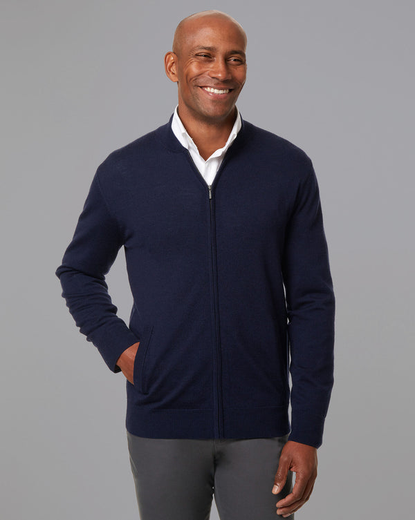 Navy Blue Pure Merino Zip Through Bomber